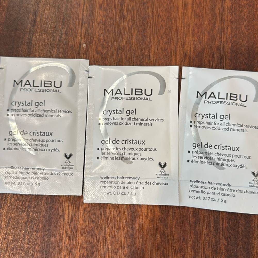 - 3 Malibu C crystal gel packets. .17 ounces each. New.